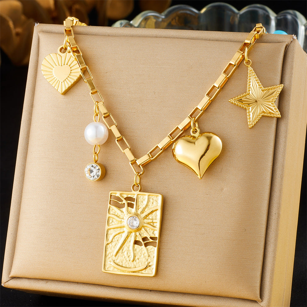 Collana con ciondolo a cuore, stella e occhio geometrico personalizzato, placcato oro su catena a maglie in acciaio inossidabile da donna