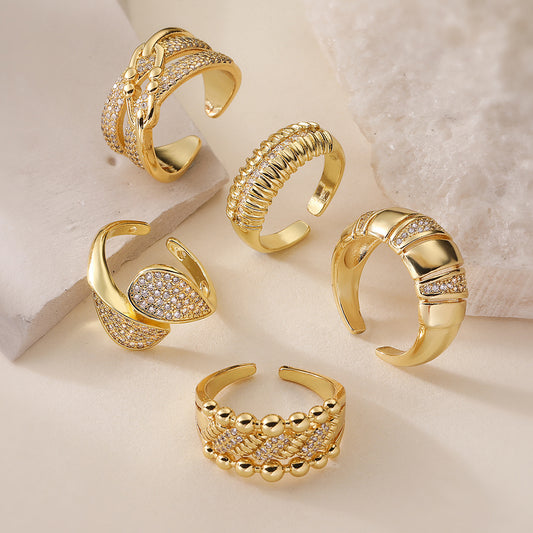 Geometric Open Ring for Women with Zircon Inlay and Electroplated Copper Finish, Fashionable Minimalist Statement Jewelry