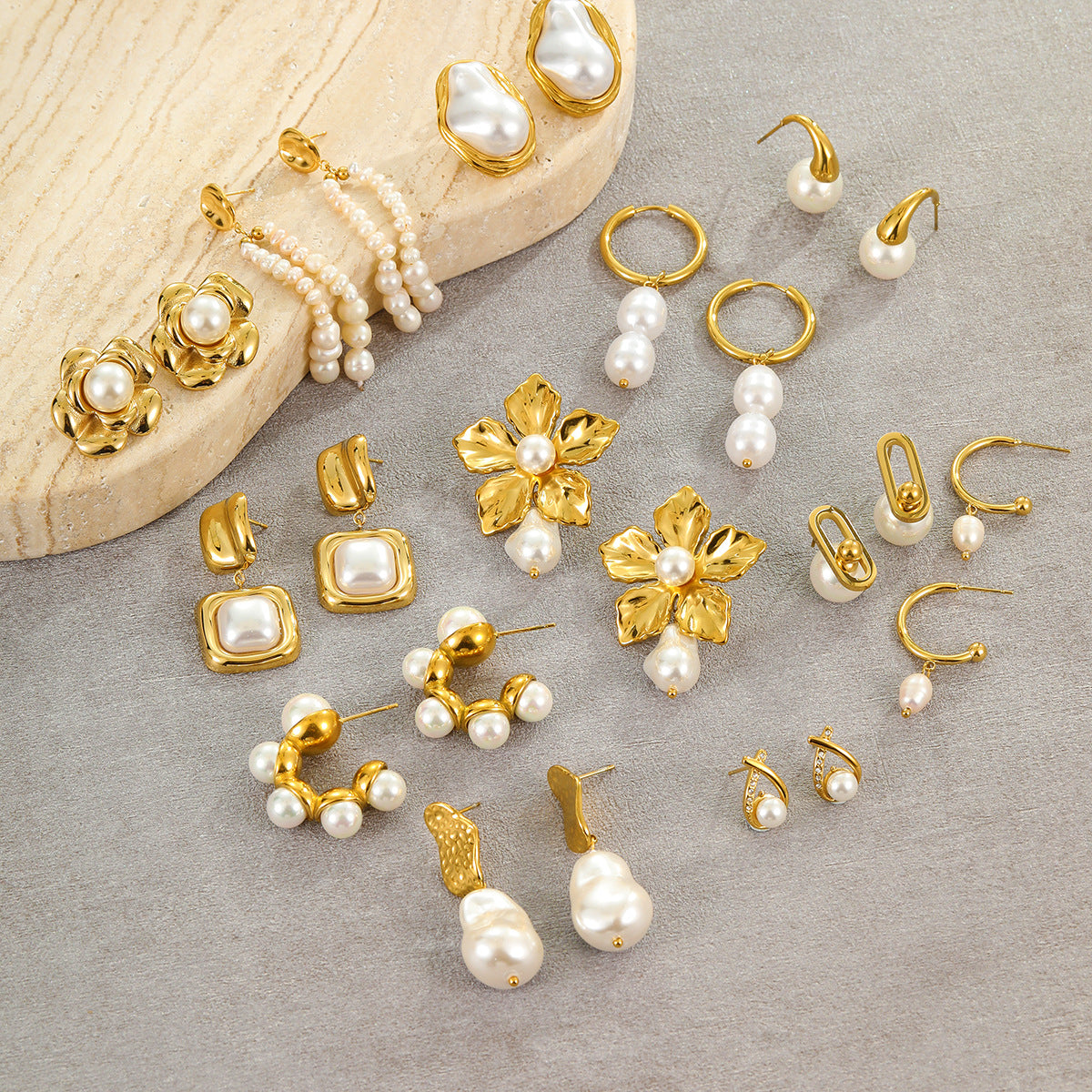 Elegant French-Style Baroque Pearl Earrings in Stainless Steel with Floral and Geometric Design, Electroplated Finish for Women