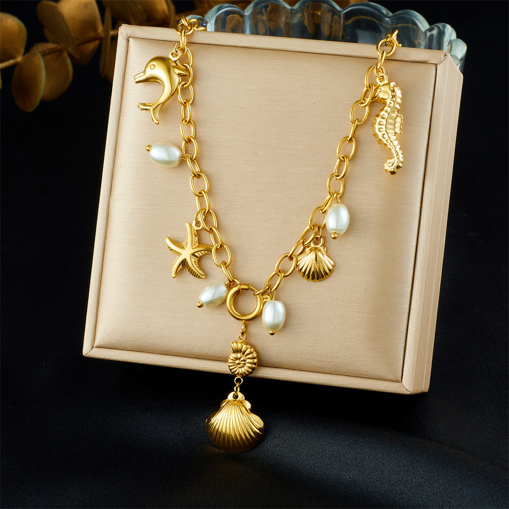 Chic Gold Plated Stainless Steel Starfish and Seahorse Necklace for Women