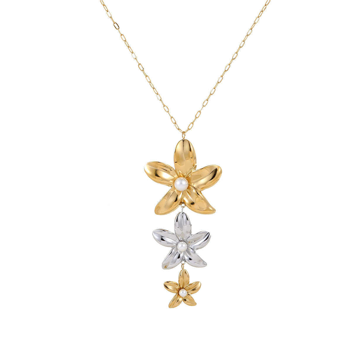 Elegante set collana con pendente floreale e orecchini in acciaio inossidabile placcato oro e argento da donna
