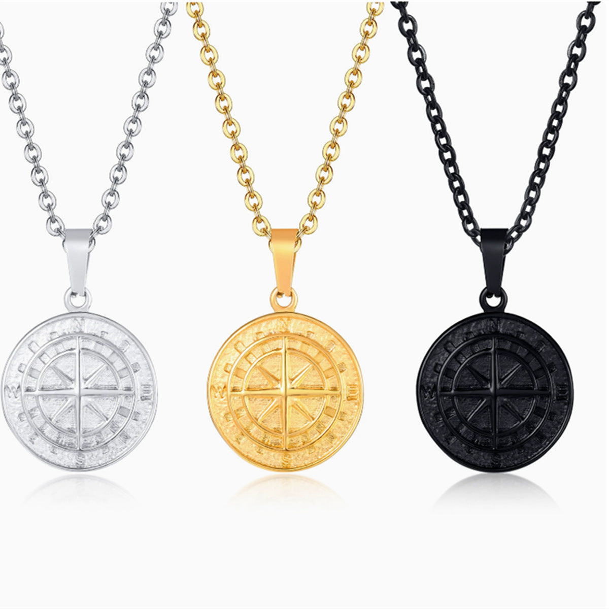 Collana con Pendente Bussola Geometrica per Uomo e Donna in Acciaio Inossidabile con Ciondolo a Moneta in Acciaio al Titanio Lucido