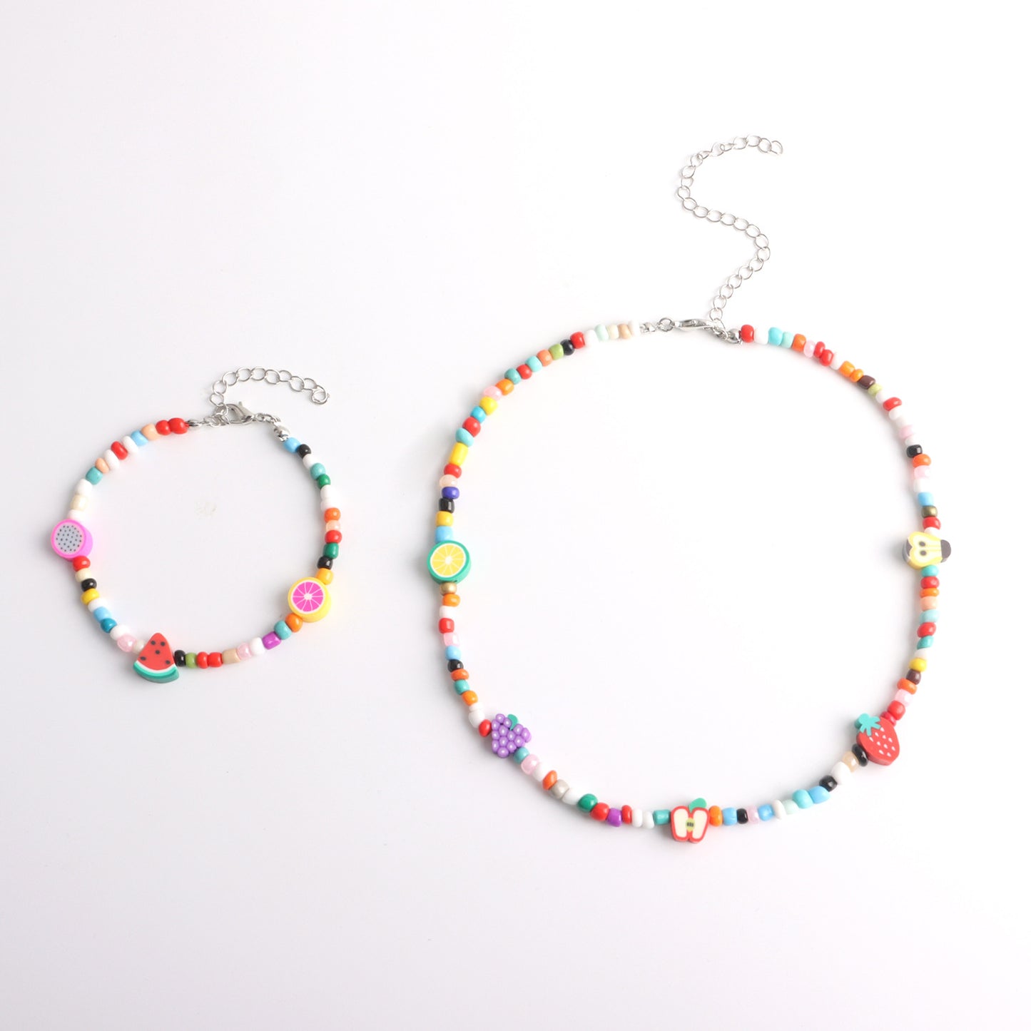 Sweet Fresh Fruit-Shaped Beaded Necklace and Bracelet Set for Women with Nylon Cord Chain