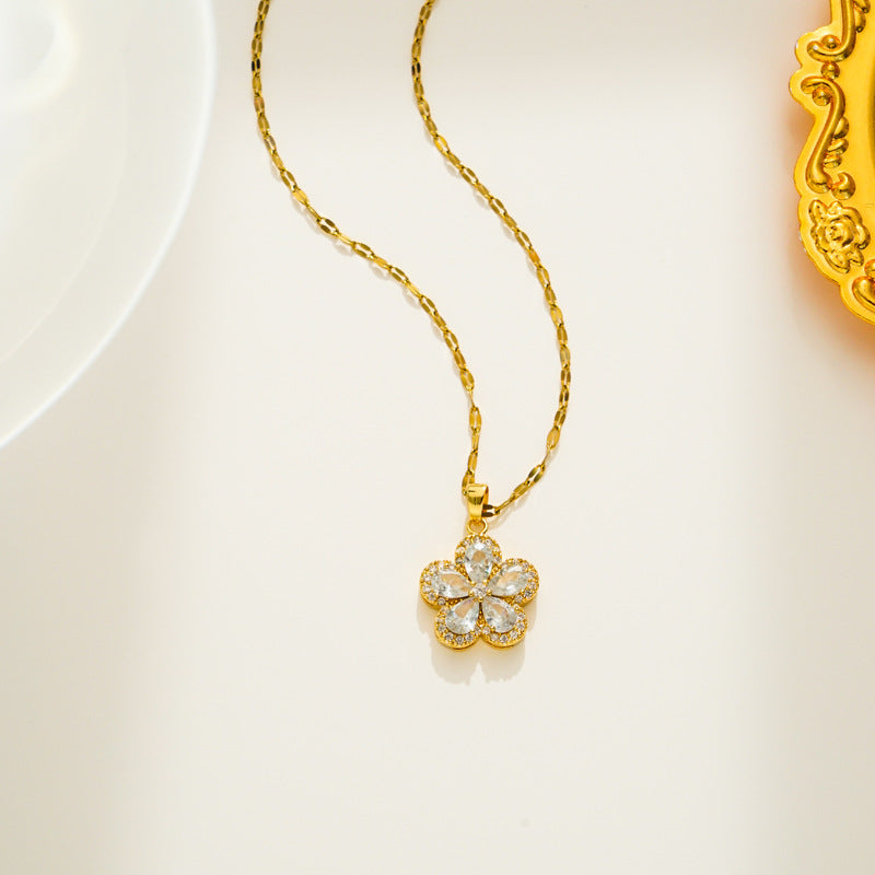 Minimalist Floral Zirconia Necklace for Women with Titanium Steel Pendant and Plated Snake Chain