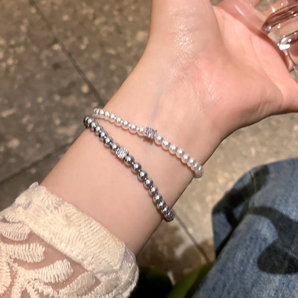 Vintage French Geometric Pearl-Style Bracelet with Zircon Accents Handmade for Women
