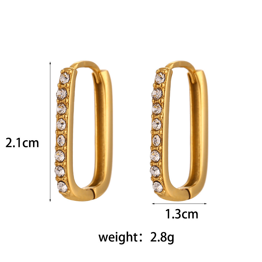 Fashion Minimalist Geometric C-Shaped Zirconia-Set Stainless Steel Earrings with 18K Gold Plating for Women