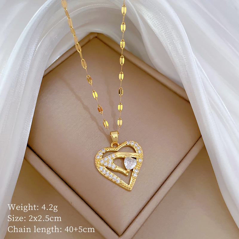 Four-Leaf Clover Rhinestone Pendant Necklace for Women Titanium Steel Irregular Chain Shell Locket Floral Style