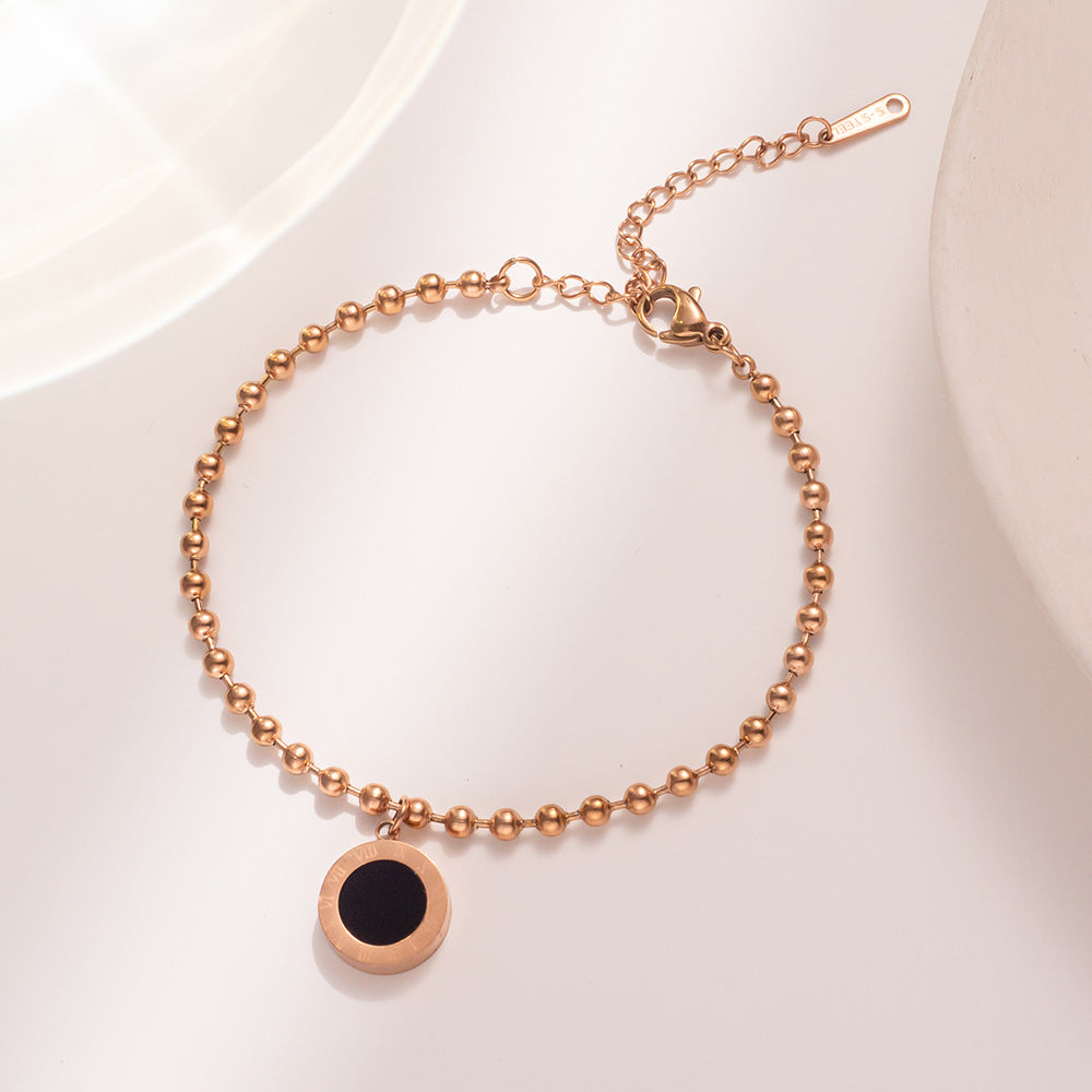Minimalist Geometric Round Pendant Titanium Steel Bracelet for Women with 18K Rose Gold Plating and Letter Accent