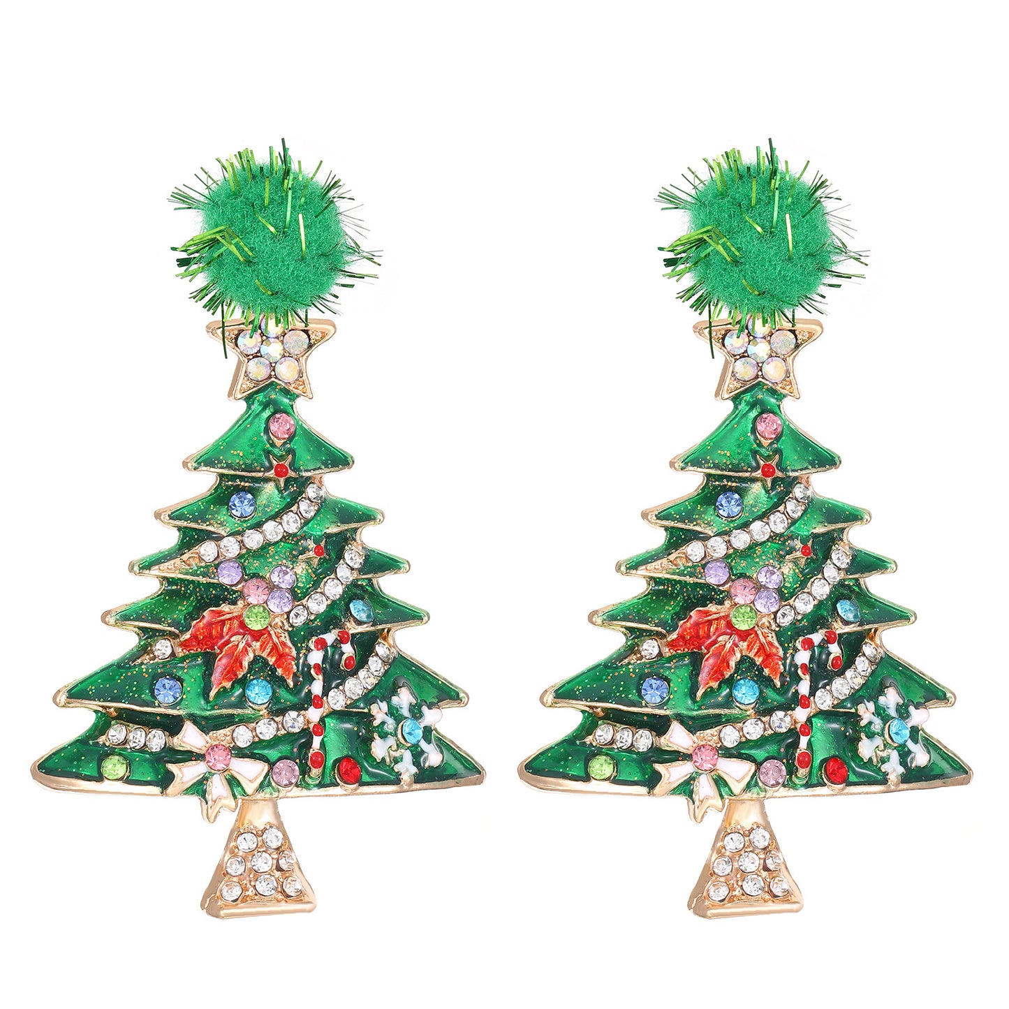 Pendientes de tuerca de árbol de Navidad de moda para mujer, base de aleación con incrustaciones de diamantes de imitación y acabado esmaltado