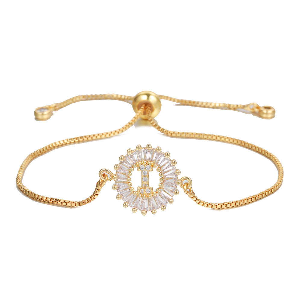 Minimalist Gold Plated Brass Letter Bracelet with Cubic Zirconia Adjustable A-Z