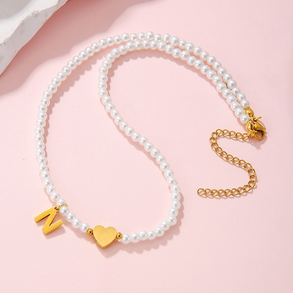 Minimalist Letter Heart Stainless Steel Pearl Necklace Women Cable Chain