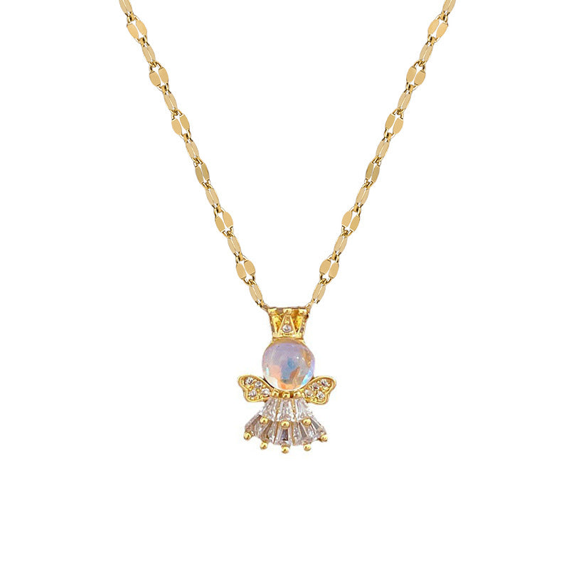 Elegante set collana con ciondolo angelo Aurora e orecchini in acciaio al titanio con design geometrico e finitura placcata da donna