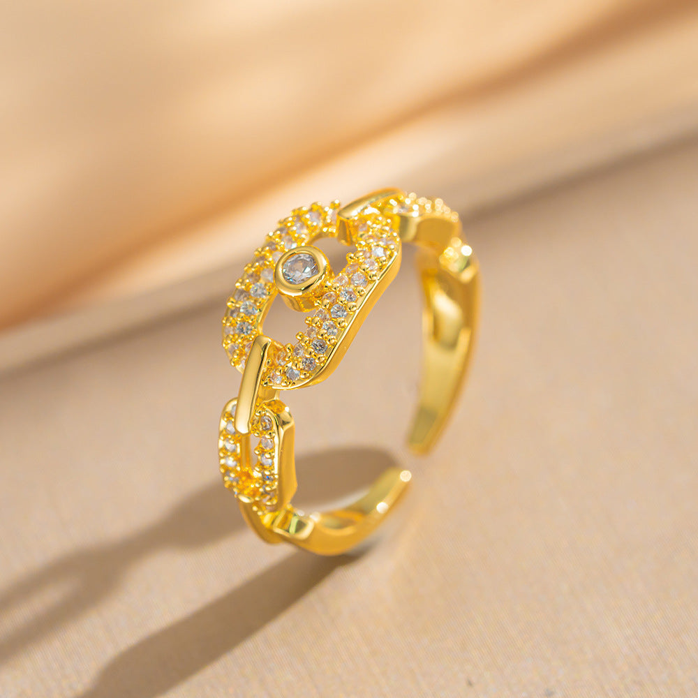 Luxury Minimalist Adjustable Open Ring for Women with Gold-Plated Copper Band and Zircon Stone Accent in Heart and Floral Shape