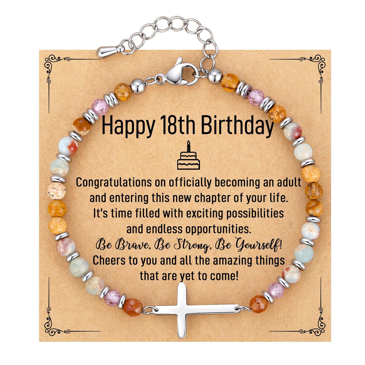 Natural Stone Cross Bracelet Stainless Steel Adjustable Chain Unisex