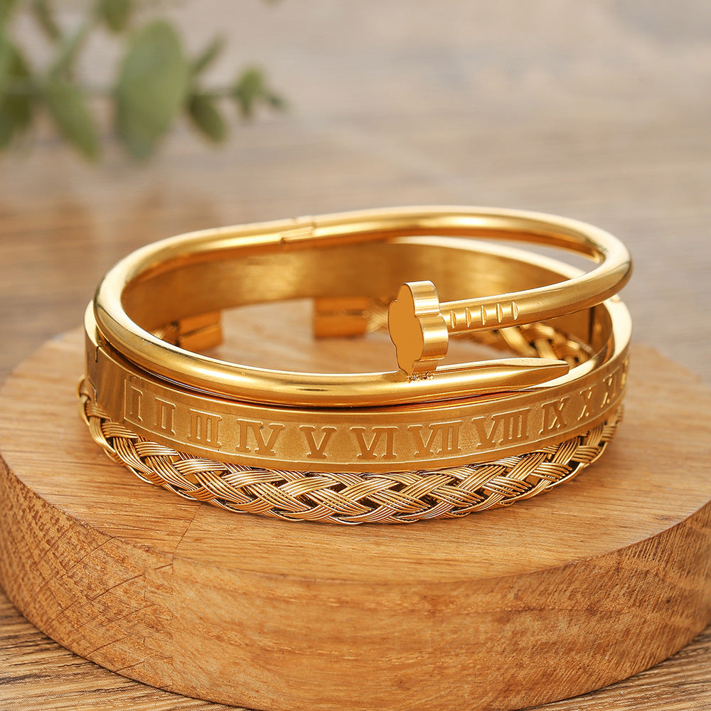 Punk Geometric Round Letter Titanium Steel Plated Open Cuff Bracelet Set for Unisex