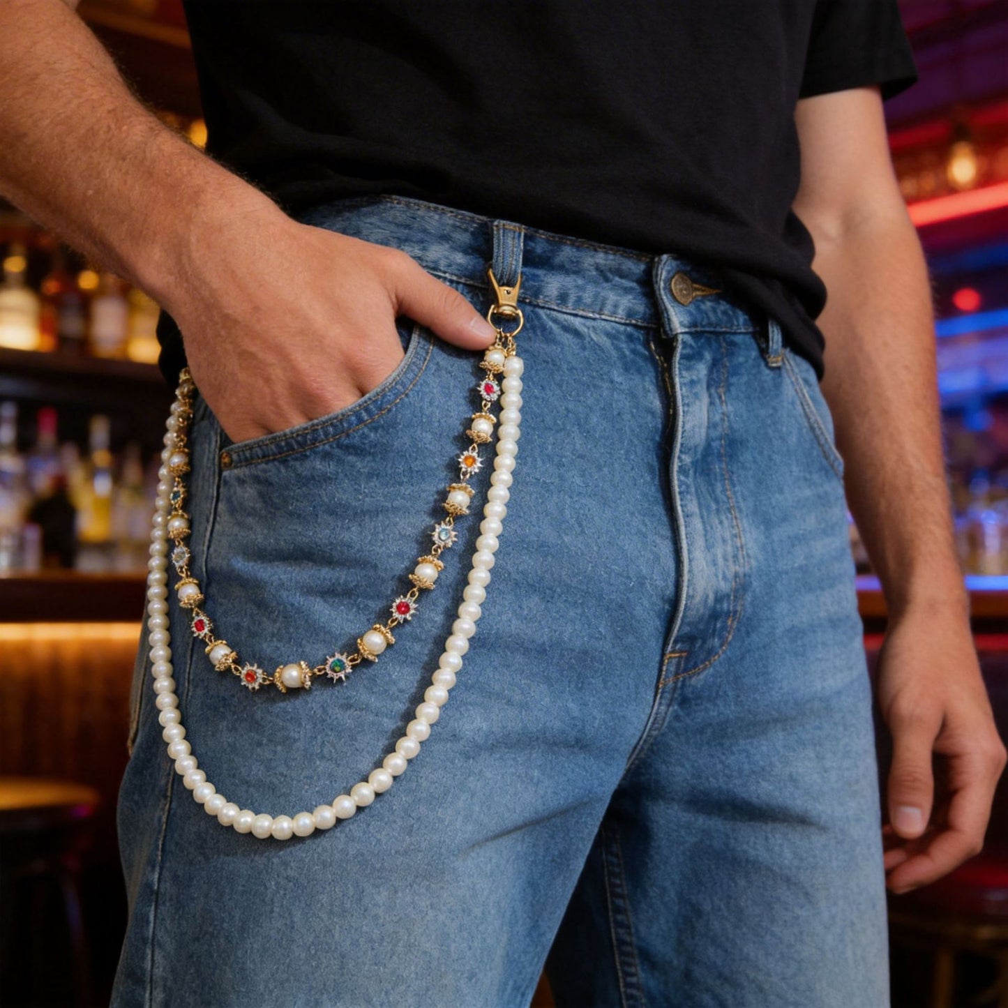 Hip-hop Punk Floral Rhinestone Pearl Polished Zinc Alloy Waist Chain for Unisex