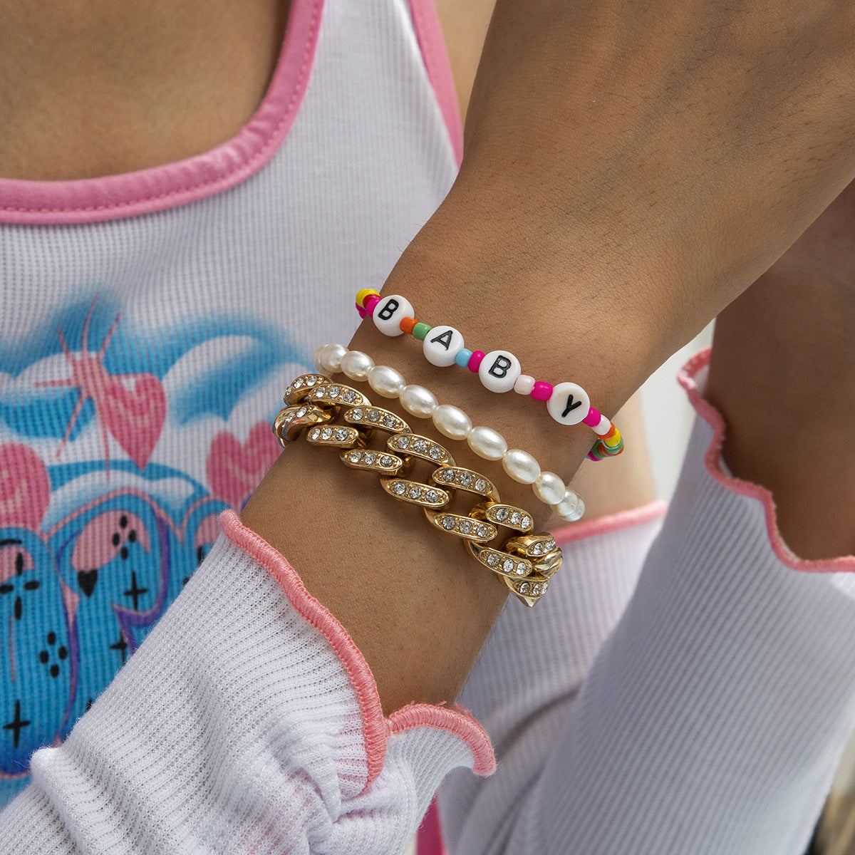 Vintage Bohemian Ethnic Geometric Alloy Plated Cuban Link Chain Bracelet with Imitation Pearl Beads for Women