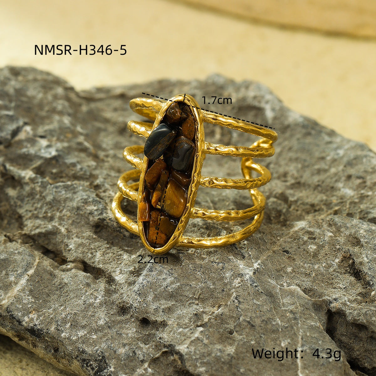 Anello Aperto Minimalista Geometrico in Acciaio al Titanio Placcato Oro 18K con Intarsio in Pietra Naturale