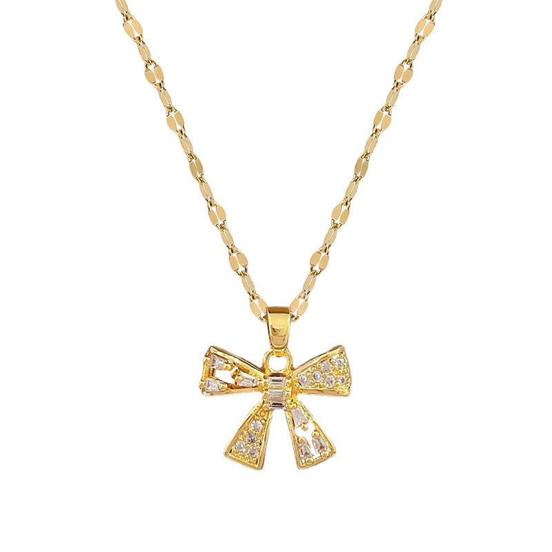 Luxury Titanium Steel Butterfly Pendant Necklace and Earrings Set with Rhinestone Inlay for Women Elegant Hollow Design for Formal Events