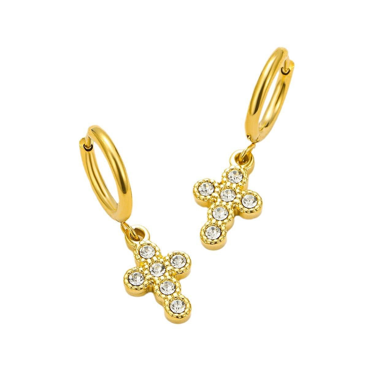 Pendientes de cruz de moda en acero titanio con incrustaciones de circonita y chapado al vacío de oro de 18K para mujer