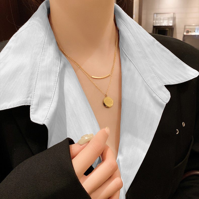 Minimalist Geometric Titanium Steel Double-Layer Necklace for Women with Plated Finish Snake Chain Style