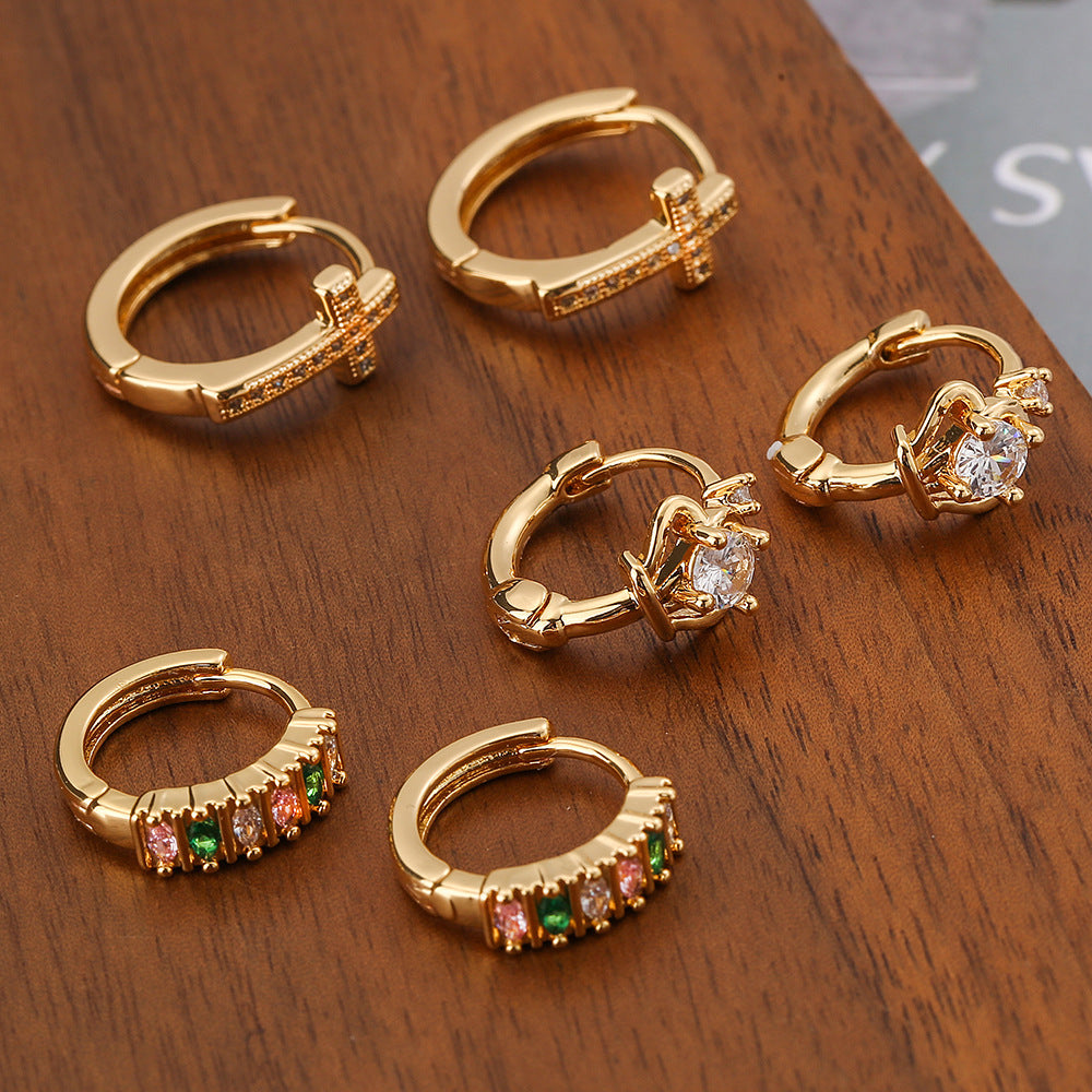Fashionable Geometric Copper Earrings with Real Gold Plating and Zircon Inlay for Women