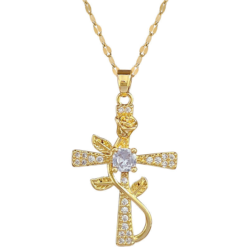 Luxury Titanium Steel Cross Flower Pendant Necklace for Women with Rhinestone Inlay, Geometric Design, Delicate Clavicle Chain