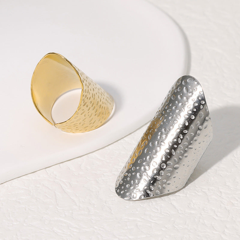 Punk Style Irregular Textured Wide Stainless Steel Ring for Men Unisex Adjustable Finger Ring with Plated Finish