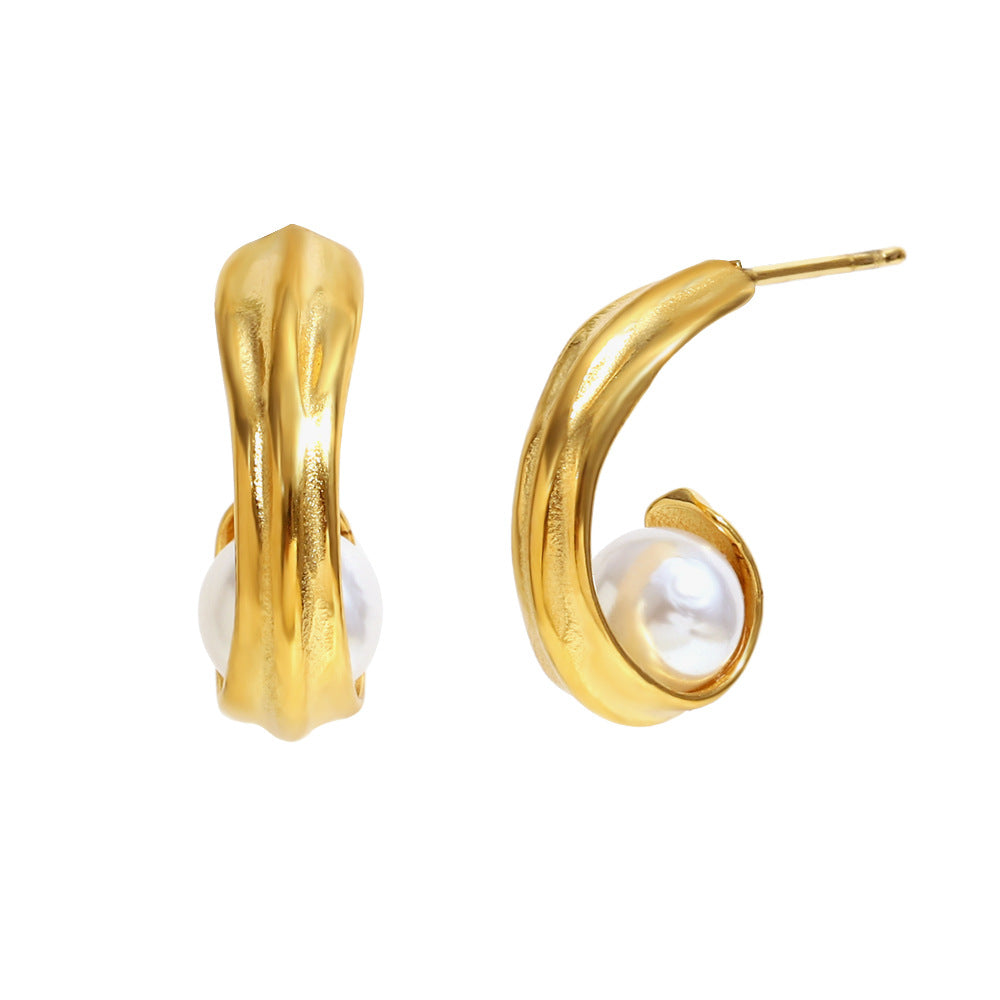Fashion Minimalist Geometric Stainless Steel Earrings with 18K Gold Plating and Pearl Accents