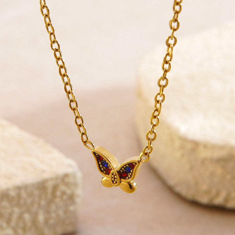 Parure Collana e Orecchini in Acciaio Inossidabile Placcato Oro 18K con Zirconi e Farfalla Elegante