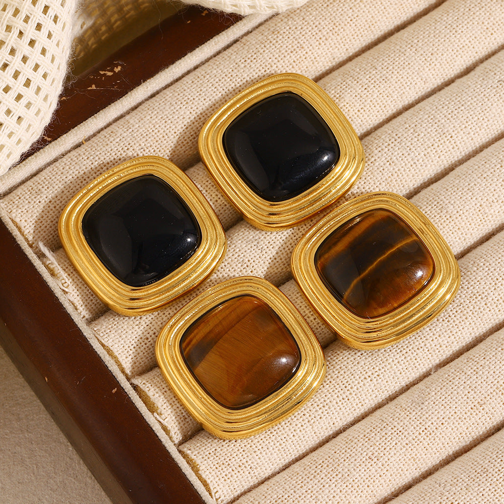 Vintage-Style Geometric Tiger Eye Stud Earrings in Stainless Steel with 18K Gold Plating for Women