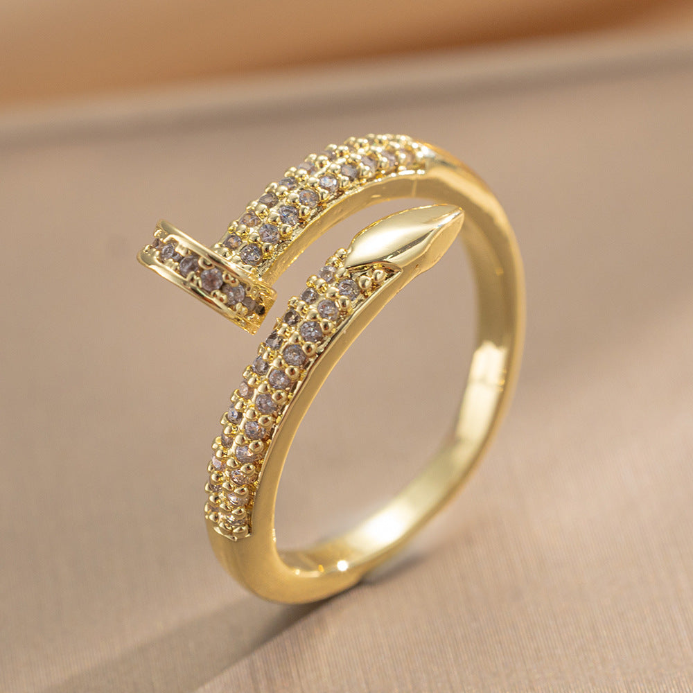 Luxury Minimalist Adjustable Open Ring for Women with Gold-Plated Copper Band and Zircon Stone Accent in Heart and Floral Shape