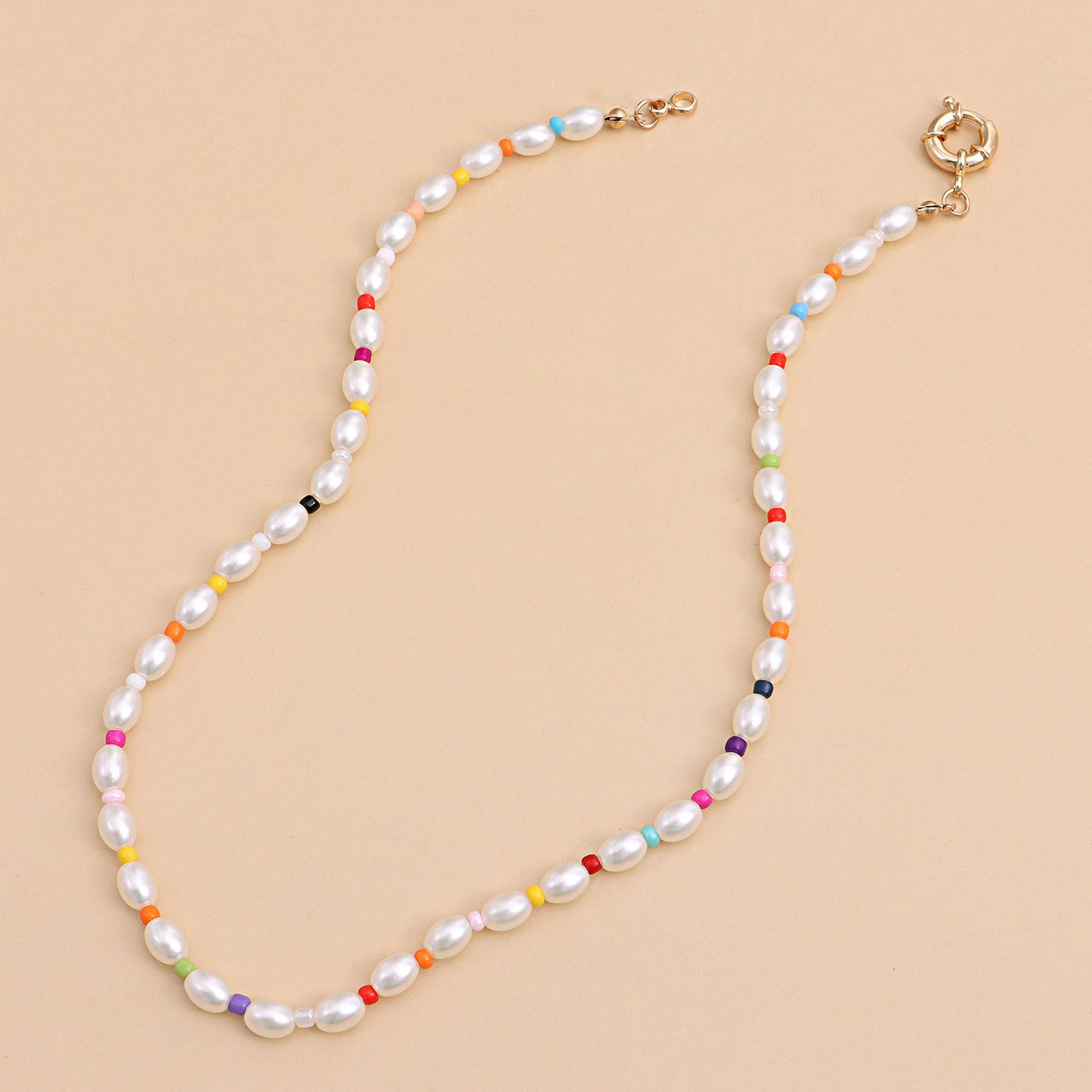 Geometric Oval Pearl Necklace for Women with Spring Clasp and Colorful Seed Beads