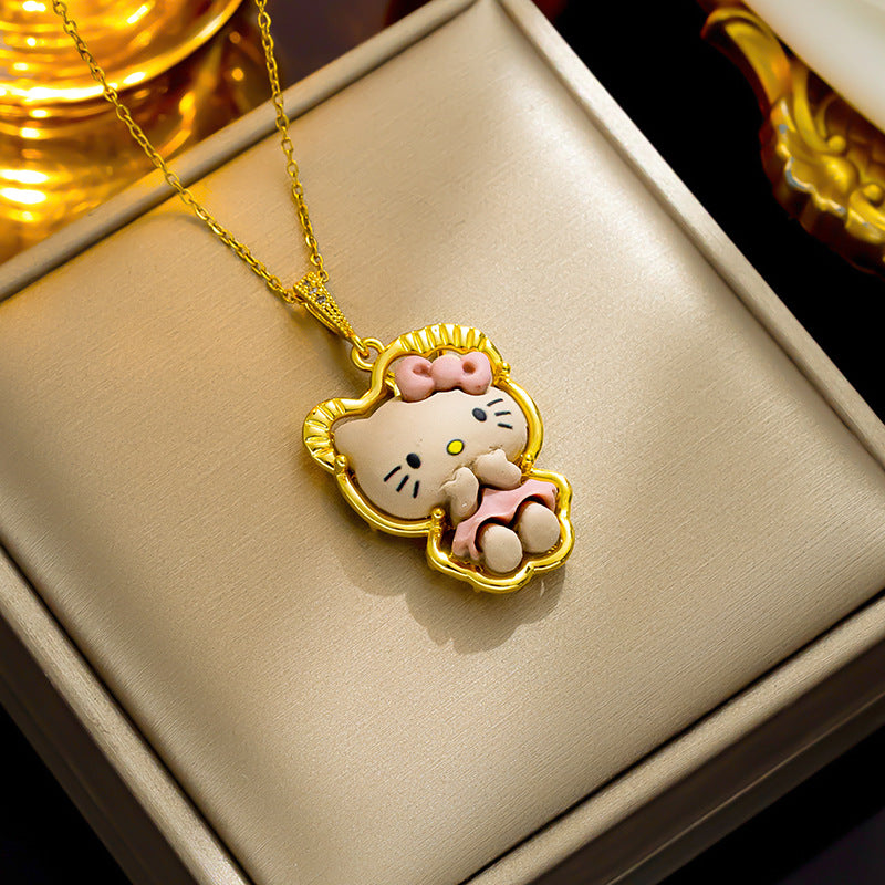 Cartoon Strawberry Bear and Bunny Pendant Necklace in Titanium Steel with Inlay Detail, Cute Animal-Themed Jewelry for Women