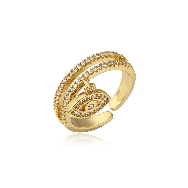 Minimalist Gold Geometric Micro-inlay Cubic Zirconia Evil Eye Ring Adjustable Open Ring for Women