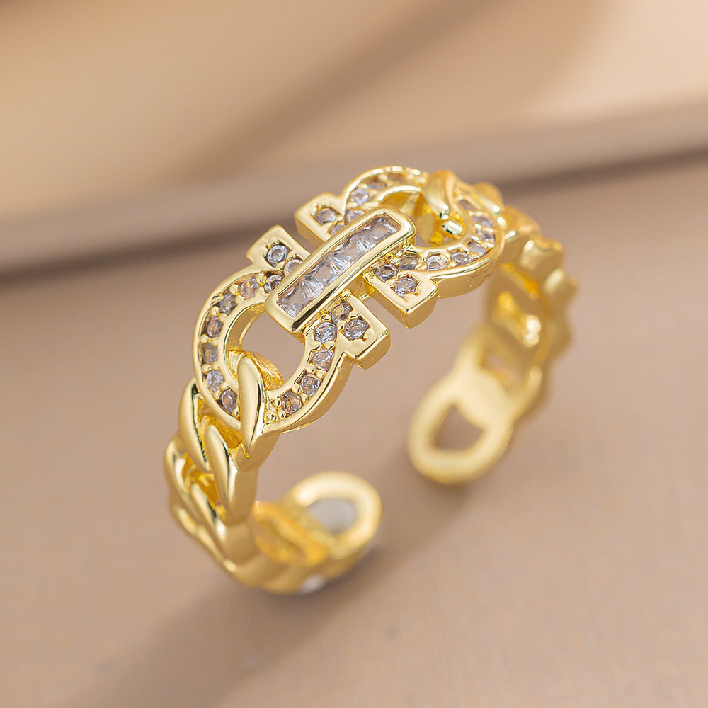 Luxury Minimalist Adjustable Open Ring for Women with Gold-Plated Copper Band and Zircon Stone Accent in Heart and Floral Shape