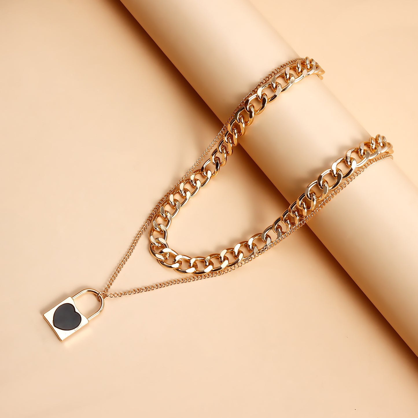 Elegant Two-Tier Black Heart-Shaped Lock Pendant Necklace in Metal with Electroplated Finish on Clavicle Chain