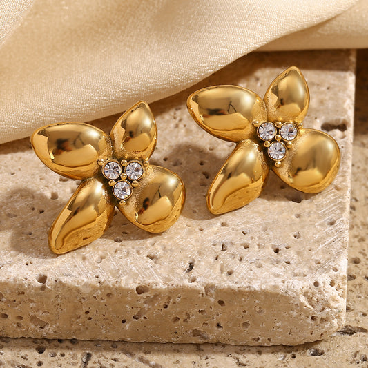 Fashionable Floral Stainless Steel Earrings with 18K Gold Plating and Micro-Paved White Rhinestones for Women