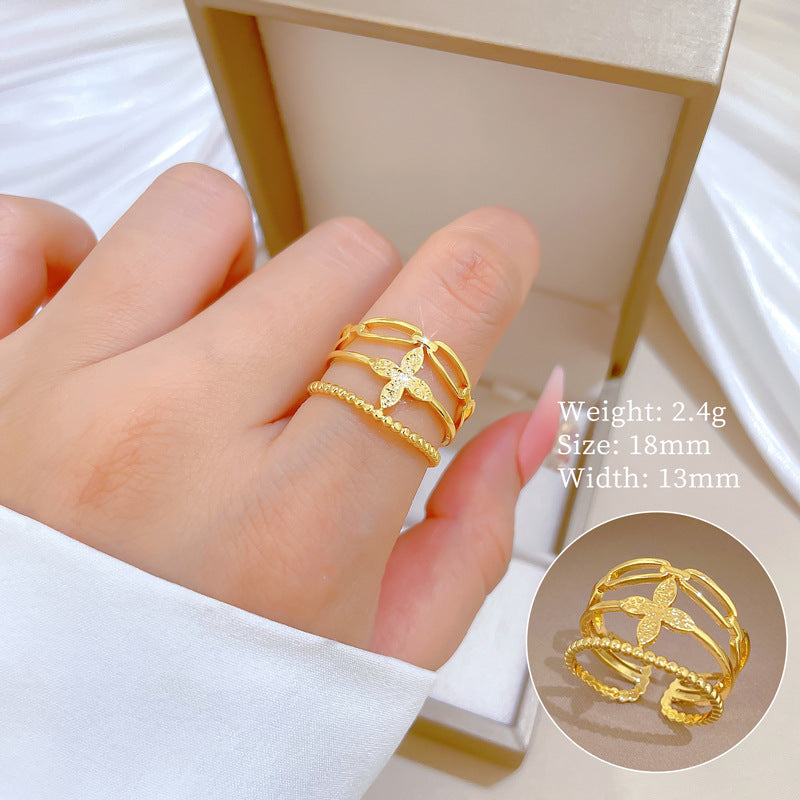 Minimalist Sweet Gold Plated Brass Plant Ring Adjustable Open Band for Couples