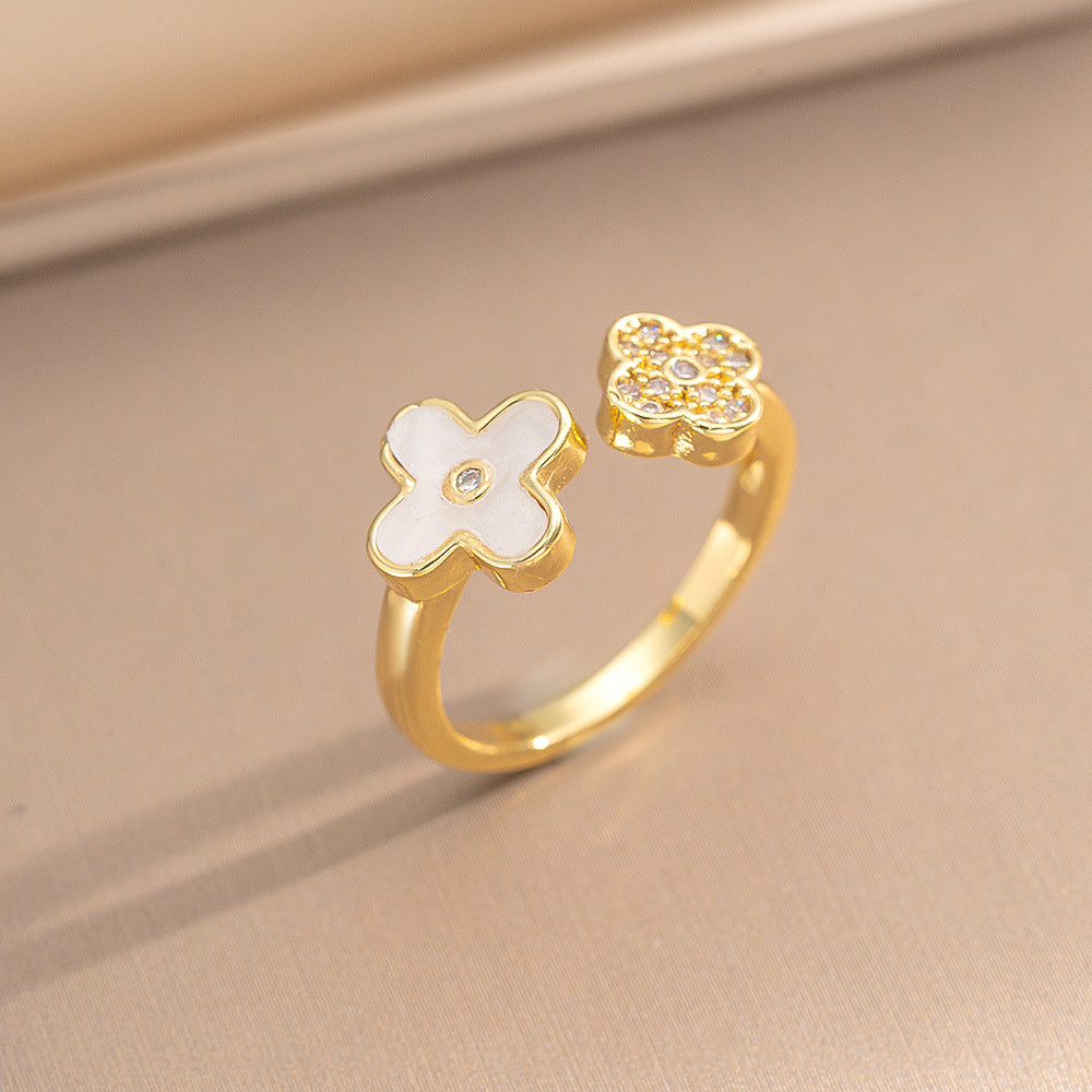 Luxury Minimalist Adjustable Open Ring for Women with Gold-Plated Copper Band and Zircon Stone Accent in Heart and Floral Shape