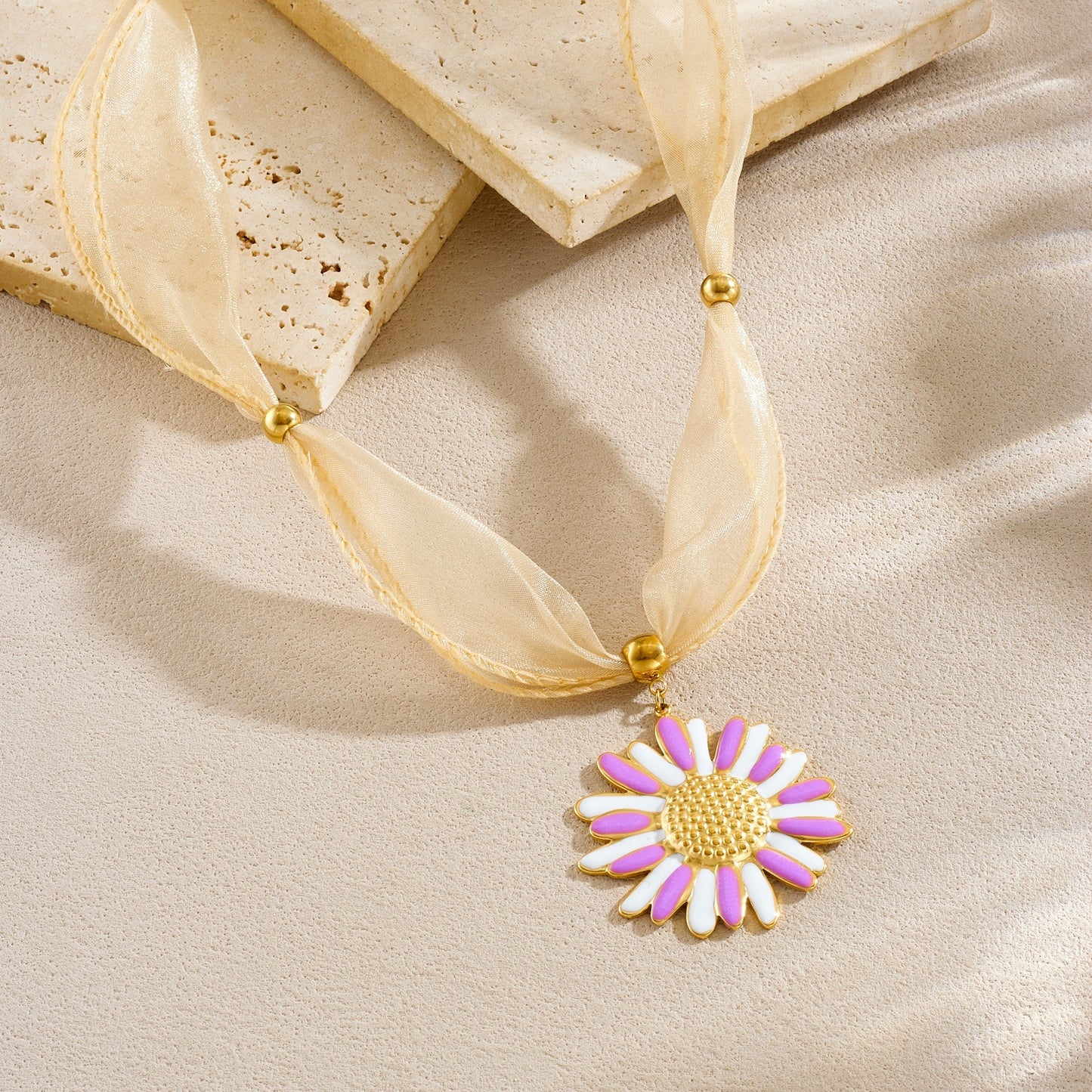 Elegant Gold Plated Stainless Steel Drip Oil Floral Ribbon Pendant Necklace for Women