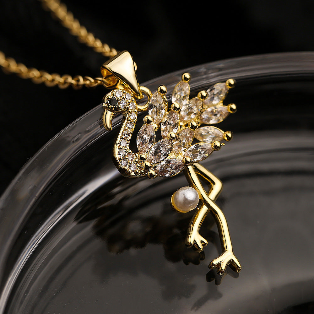 Minimalist Flamingo Pendant Necklace for Women in Copper with Colorful Zircon Inlay