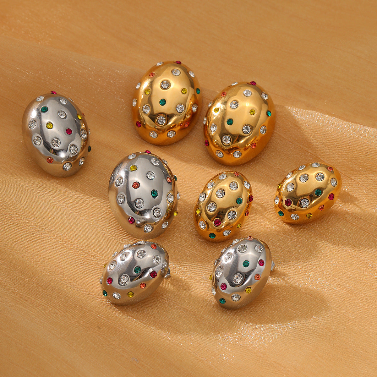 Fashionable Oval-Shaped Titanium Steel Stud Earrings for Women with Rhinestone Inlay and Plated Finish