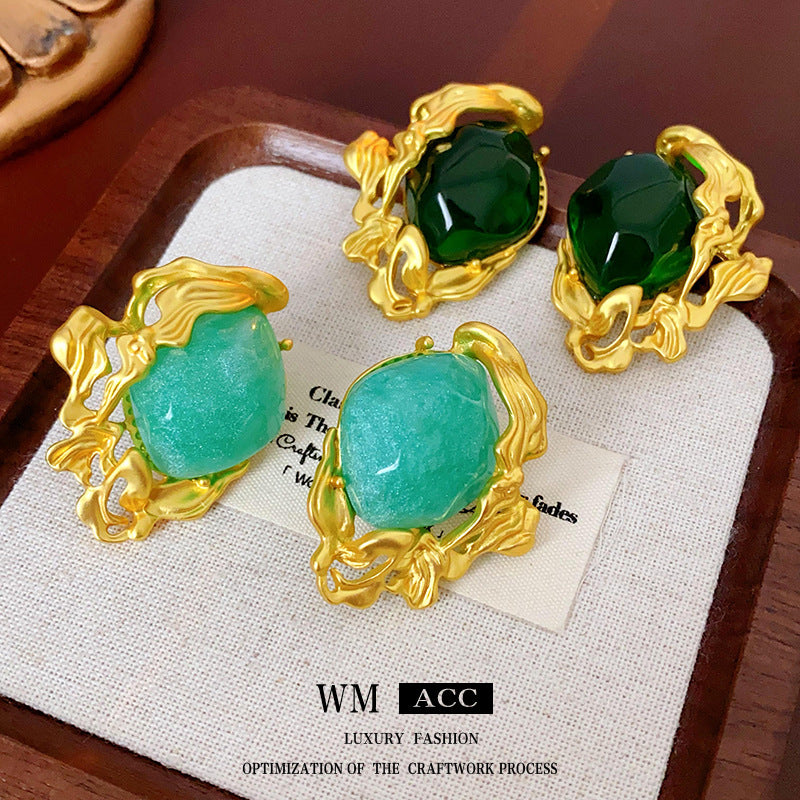 Orecchini da donna verde smeraldo con forme geometriche, placcati in oro e perni in acciaio inossidabile, stile chic vintage