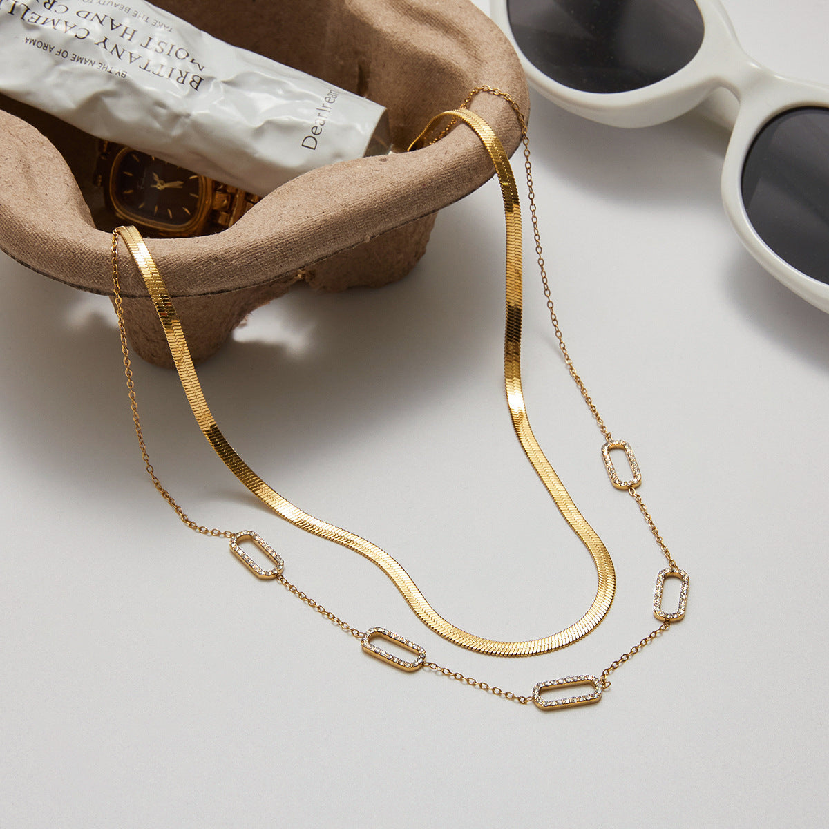 Collana geometrica in acciaio inossidabile con strass, placcata, da donna, elegante, a catena per clavicola