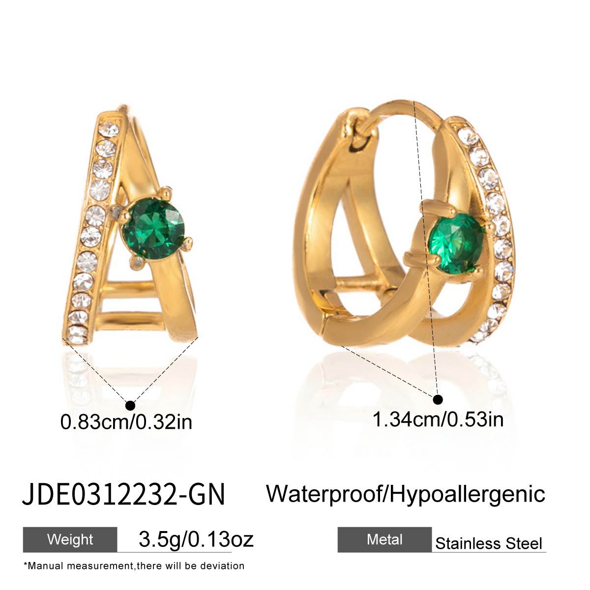 Elegant Geometric Stainless Steel Earrings with Green Cubic Zirconia and Rhinestone Plated Finish for Women