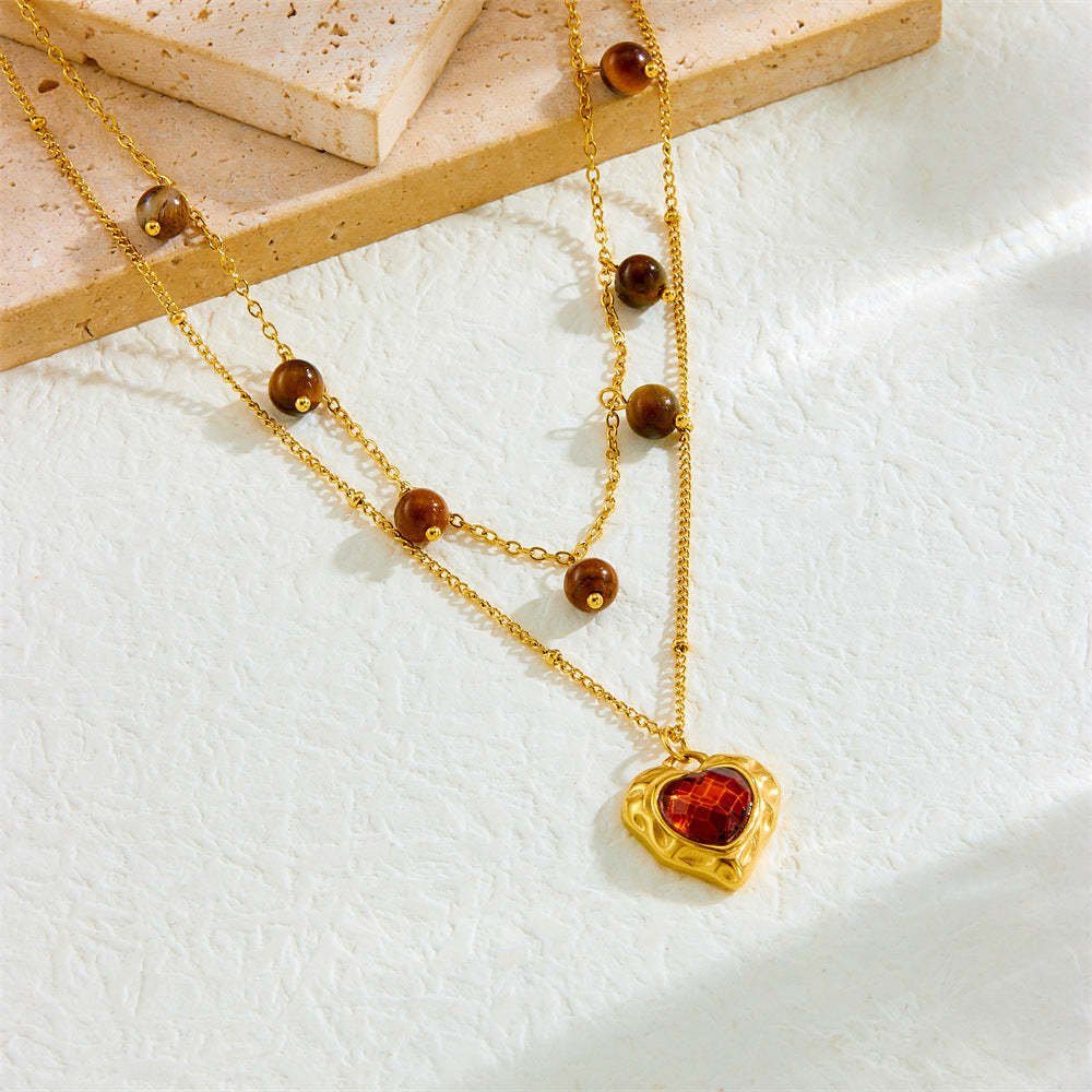 Vintage Heart Tiger's Eye Plated Stainless Steel Layered Necklace for Women