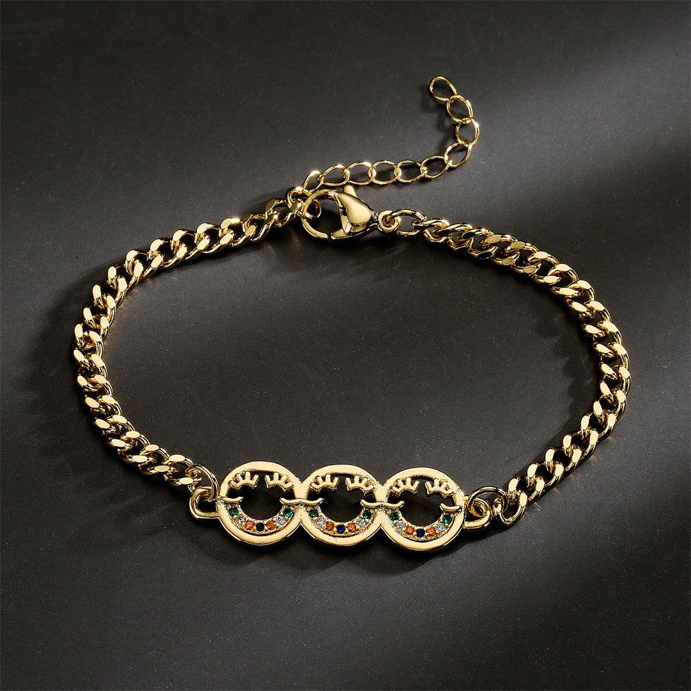 18K Gold Plated Brass Geometric Smiley Face Bracelet with Micro-set Cubic Zirconia for Women