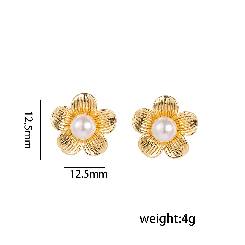 Orecchini a perno con fiore di perle, geometrici, moderni, minimalisti in acciaio inossidabile da donna, base in acciaio al titanio ipoallergenico placcato sottovuoto, gioielli di lusso per tutti i giorni resistenti allo sbiadimento