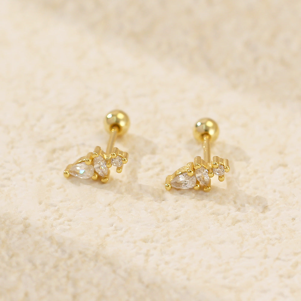Sweet and Edgy Water-Drop-Shaped S925 Sterling Silver Threaded Cartilage Earrings with Rhinestone Inlay for Women